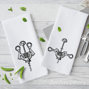 May include: Two white kitchen towels with black embroidered images of vintage corkscrews. The towels are on a white wood background. The text "Royal Present Embroidery™" is at the bottom of the image.