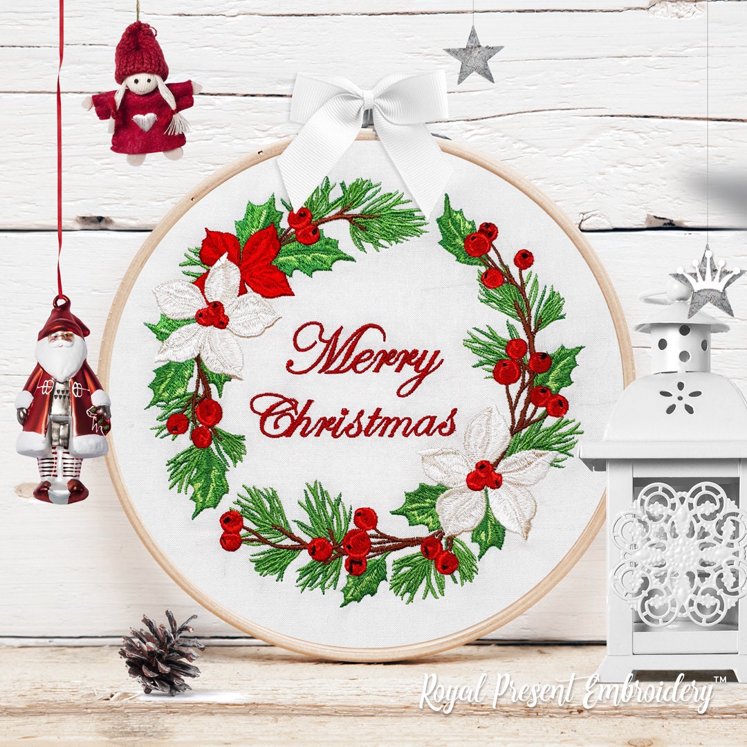Machine Embroidery Design Christmas Floral Wreath (Download Now) - Etsy