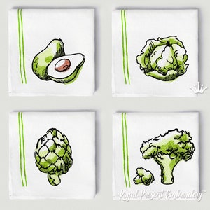 May include: Four white kitchen towels with green stripes and embroidered images of vegetables. The towels feature an avocado, a head of lettuce, an artichoke, and a head of broccoli.