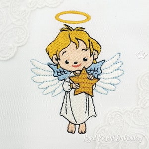 May include: Embroidered design of a cute angel with blonde hair, holding a gold star. The angel is wearing a white robe and has blue wings. The design is perfect for a baby's nursery or a Christmas decoration.
