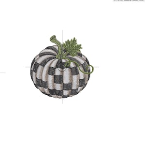 May include: An embroidery design of a pumpkin featuring alternating black and white vertical stripes. The pumpkin has a green stem and a green leaf attached to the top. The design includes technical specifications such as 8.95x8.90 cm dimensions.
