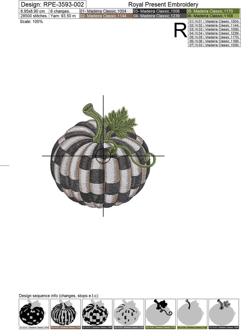 May include: An embroidery design of a pumpkin featuring alternating black and white vertical stripes. The pumpkin has a green stem and a green leaf attached to the top. The design includes technical specifications such as 8.95x8.90 cm dimensions.
