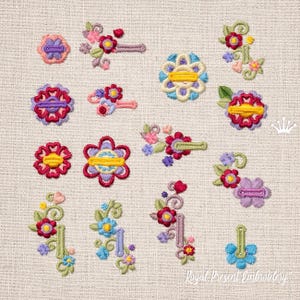 Könnte beinhalten: Gestickte Blumendesigns in verschiedenen Formen und Farben, darunter Rot, Gelb, Blau und Lila. Die Designs umfassen Blumen, Blumenarrangements und die Zahl 1. Der Text "Royal Present Embroidery" ist sichtbar.