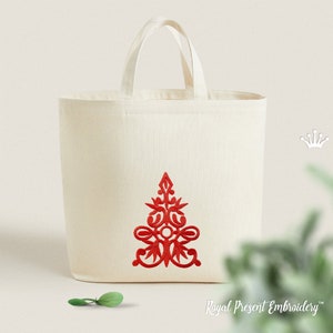 May include: A white canvas tote bag featuring a red embroidered design of a stylised Christmas tree. The bag has two handles and the text "Royal Present Embroidery™" is printed on the bottom.