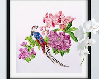 Tropical bird with flowers Machine Embroidery Design - 2 sizes