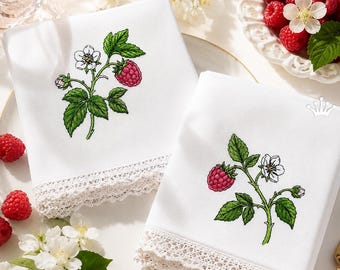 Conjunto de diseños de bordado a máquina de flores y ramas de frambuesa, archivos digitales florales de bayas para ropa de cama, toallas, decoración de mesa, regalos de verano, 4 tamaños.