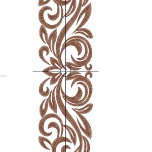 May include: A brown embroidery design with a floral pattern. The design is 8.56 inches by 29.50 inches and uses 35,900 stitches. The design is called "RPE-549-300" and is for Madeira Classic, 1258.