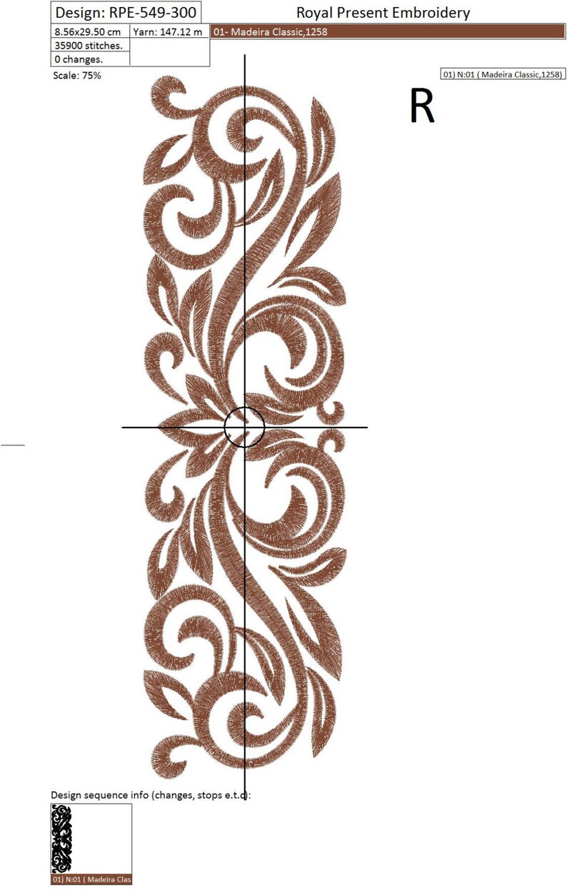 May include: A brown embroidery design with a floral pattern. The design is 8.56 inches by 29.50 inches and uses 35,900 stitches. The design is called "RPE-549-300" and is for Madeira Classic, 1258.