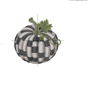 May include: An embroidery design of a pumpkin featuring alternating black and white stripes, a green stem, and green leaves. The technical specifications include a size of 10.83x10.81 cm, 37400 stitches, and 131.31 m of yarn, with a detailed color sequence.