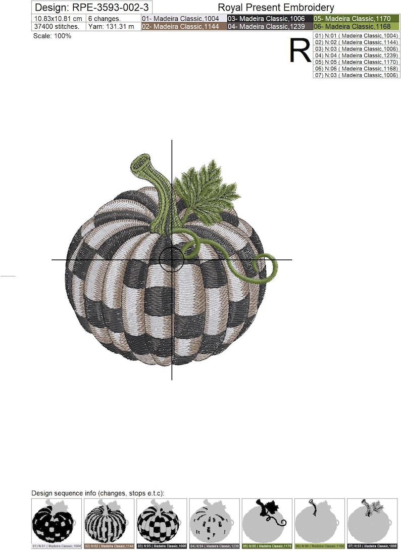 May include: An embroidery design of a pumpkin featuring alternating black and white stripes, a green stem, and green leaves. The technical specifications include a size of 10.83x10.81 cm, 37400 stitches, and 131.31 m of yarn, with a detailed color sequence.