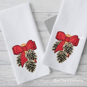 Winter Cones with Bow Machine Embroidery Design in 4 Sizes