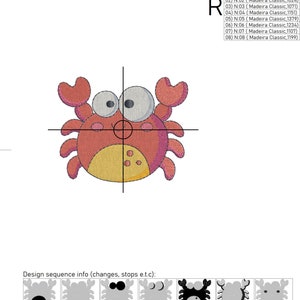 May include: A red cartoon crab with large eyes and a yellow belly. The crab is centered on a white background with a crosshair overlay. The text 'Design: RPE-3481-002' is in the top left corner of the image. The text 'Royal Present Embroidery™' is in the top right corner of the image. The text 'R' is in the top right corner of the image. Below the crab, the text 'Design sequence info (changes, stops e.t.c):' is displayed. There are eight small images of the crab in different stages of embroidery, each labeled with a number and the text '(Madeira Classic'. 