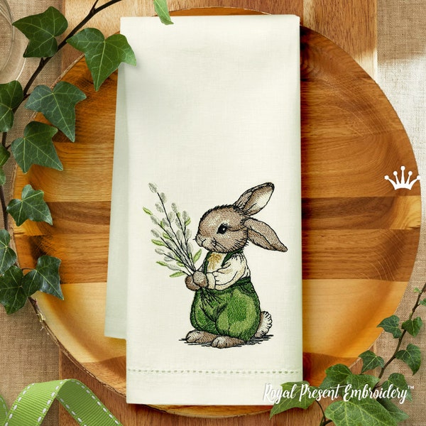 Easter Bunny with a bouquet of willow machine embroidery design - 4 sizes