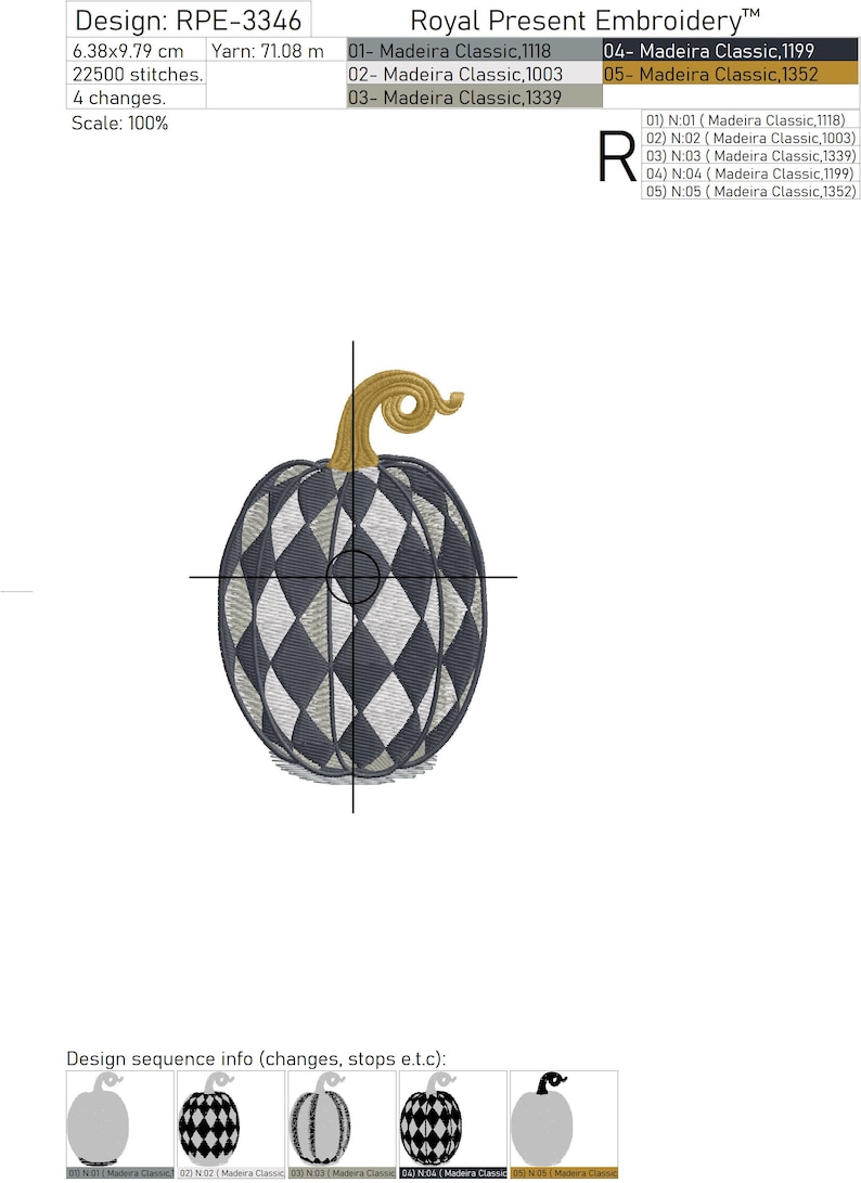Puede incluir: Una calabaza a cuadros en blanco y negro con un tallo dorado. El dise&ntilde;o es para bordado e incluye 5 cambios de color. El dise&ntilde;o mide 6,38 cm por 9,79 cm y utiliza 22.500 puntadas.