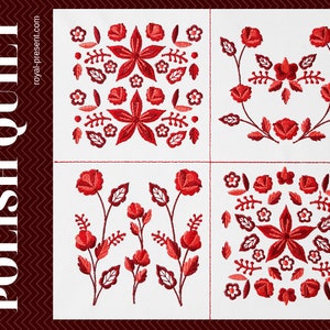 Könnte beinhalten: Vier rote bestickte Quiltquadrate mit Blumendesigns. Die Designs beinhalten eine große Blume, einen Blumengirlanden, eine Ansammlung von Blumen und eine kleinere Blume mit Blättern.