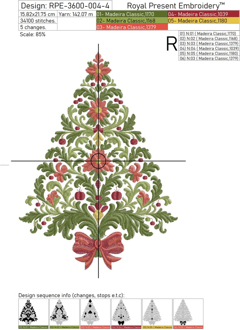 K&ouml;nnte beinhalten: Ein rotes und gr&uuml;nes Weihnachtsbaum-Stickmuster mit einer roten Schleife am unteren Ende. Das Design ist 15,82 cm x 21,75 cm gro&szlig; und verwendet 34.100 Stiche. Das Design ist mit Madeira Classic Stickgarn in f&uuml;nf verschiedenen Farben gefertigt.