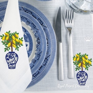 Chinese vase with a 3D lemon tree machine embroidery design