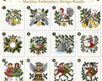 Diseños de bordado a máquina de los Doce Días de Navidad - 4 tamaños