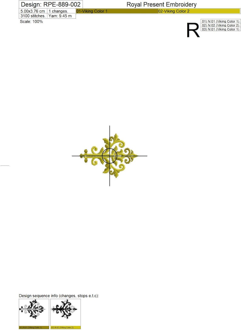 May include: A gold embroidery design with a floral pattern. The design is 5.00 inches by 3.76 inches and has 3100 stitches. The design is called "RPE-889-002" and is from "Royal Present Embroidery".