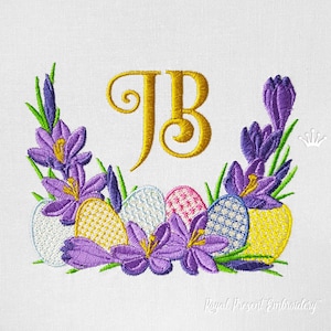 May include: Embroidered design featuring the initials "JB" in gold, surrounded by purple crocuses and colorful Easter eggs.