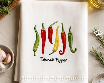 Diseño de bordado a máquina de pimientos Tabasco, archivo de bordado de chile rojo para toallas de cocina, delantales de barbacoa, regalos de salsa picante - 2 tamaños