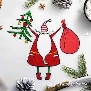 Cartoon Santa Claus with Christmas Tree Machine Embroidery Design - 3 sizes
