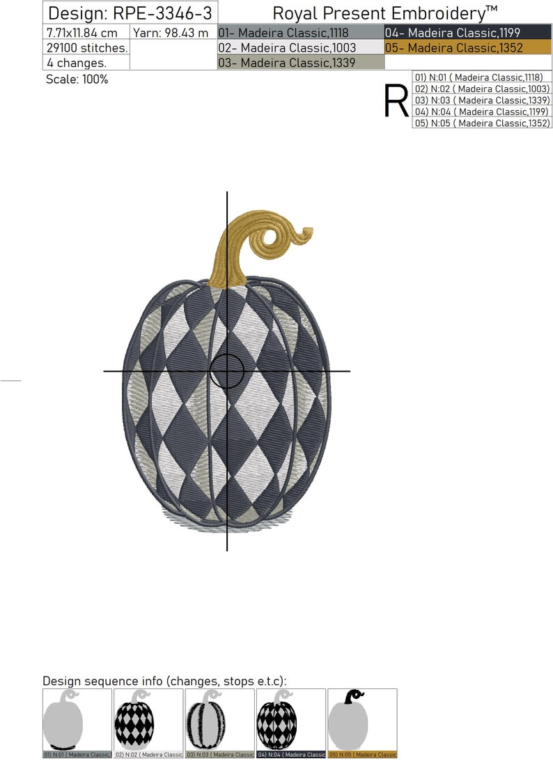 Puede incluir: Una calabaza con estampado de diamantes negros y blancos con un tallo dorado. El dise&ntilde;o se llama "RPE-3346-3" y es de Royal Present Embroidery. El dise&ntilde;o utiliza 5 hilos diferentes Madeira Classic.