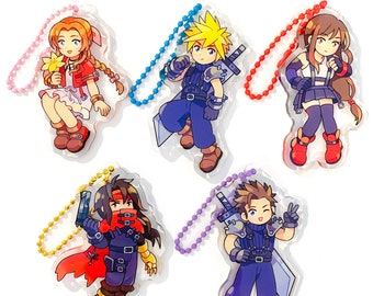 May include: Five colorful keychains featuring anime-style characters from the Final Fantasy video game series. Each keychain has a different character with a sword and a unique design.