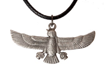 Horus Falcon - Ancient Egyptian God Holding Shen Rings - lead free pewter necklace with cord included