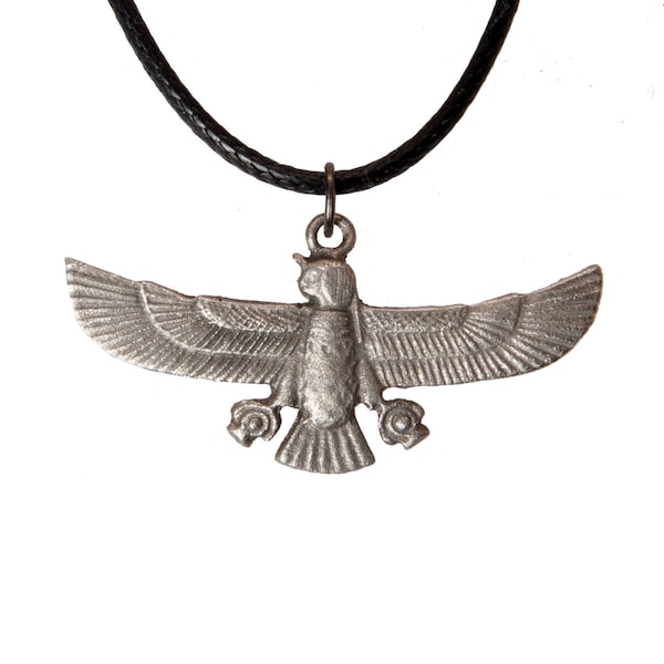 Horus Falcon - Ancient Egyptian God Holding Shen Rings - lead free pewter necklace with cord included