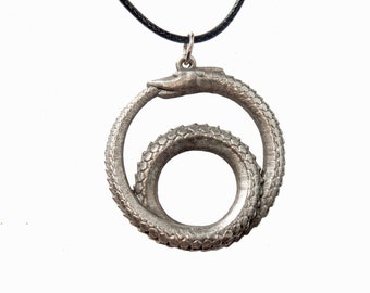 OUROBOROS - lead free pewter necklace with cord included - Serpent Eating Its Tail - 2 Coils - Ancient Symbol of Infinity