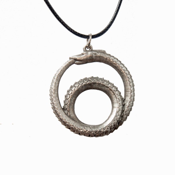 OUROBOROS - lead free pewter necklace with cord included - Serpent Eating Its Tail - 2 Coils - Ancient Symbol of Infinity