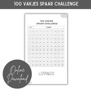 Puede incluir: Un gráfico de desafío de ahorro de 100 cuadrados imprimible con el título "100 Vakjes Spaar Challenge" y el monto objetivo de "€5050".