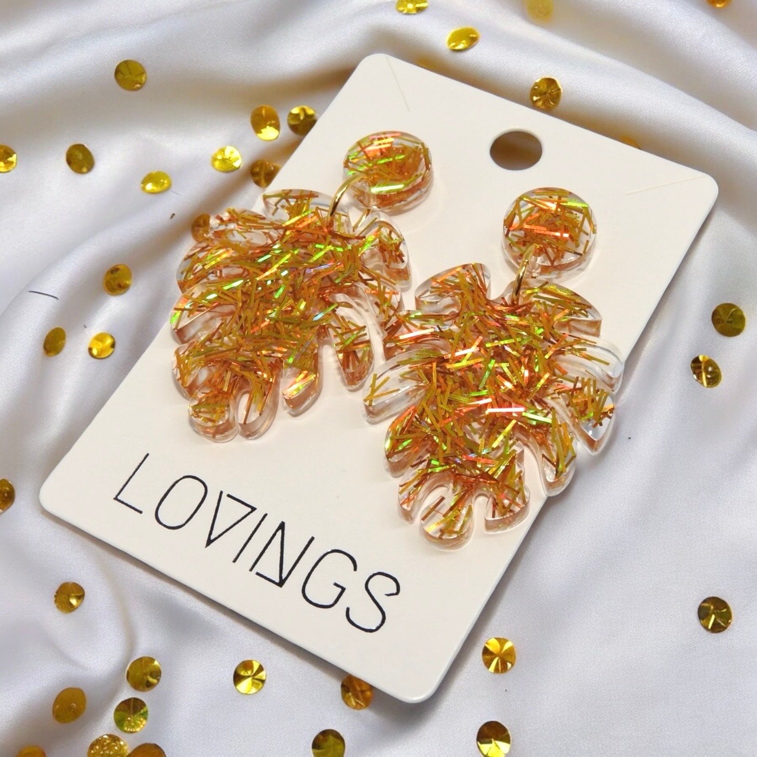 Monstera blad oorbellen | gouden glitter | Handmade | RVS