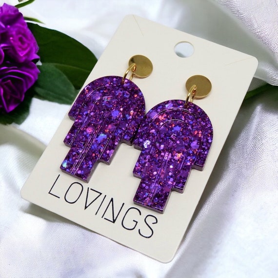 Statement oorbellen bogen | glitter paars | Handmade | RVS |