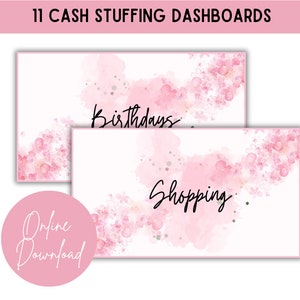 May include: Two pink watercolor printable cash stuffing dashboards with the text "Birthdays" and "Shopping" in black cursive font. The dashboards have a floral design with pink flowers and white background.
