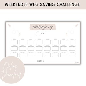 Könnte beinhalten: Ein druckbarer Wochenend-Spar-Challenge-Tracker. Der Tracker verfügt über 30 Koffer-Symbole, die mit Sparbeträgen ausgefüllt werden können. Der Text "weekendje weg" ist oben auf dem Tracker in Braun geschrieben. Der Text "= €" ist in Braun unter dem Text "weekendje weg" geschrieben. Der Text "totaal: €" ist unten auf dem Tracker in Braun geschrieben.