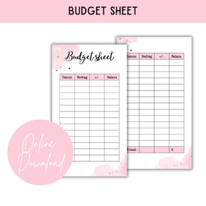 Op de afbeelding: Een printbaar budgetblad met een roze aquarel achtergrond en de tekst "Budget sheet" in zwart. Het blad heeft kolommen voor datum, bedrag, +/- en saldo.
