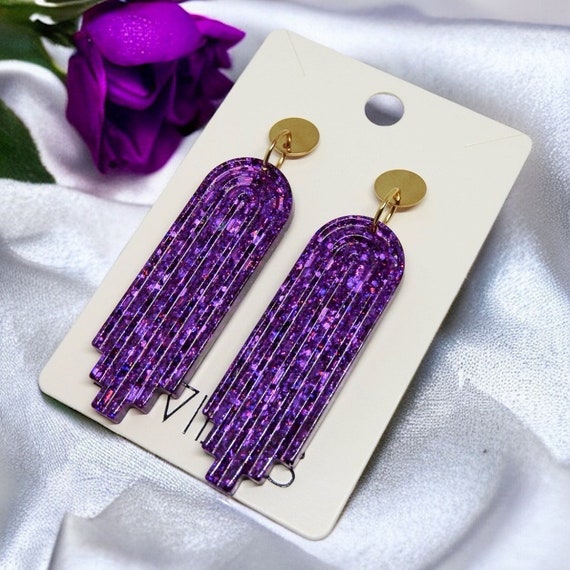 Statement oorbellen lange bogen | glitter paars | Handmade | RVS |