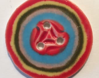 Joy of color! 1.75-inch handmade English porcelain button multicolor rainbow red turquoise green yellow one of a kind initialed dated 2021