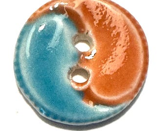 Eye-catching 15/16-inch, nearly 1-inch, fine English porcelain handmade buttons, glossy wave yin yang design, turquoise blue, deep melon