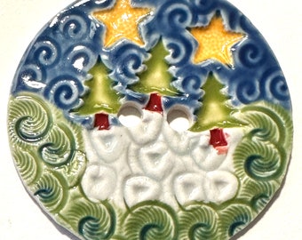 Jumbo 2.38-inch button handmade extra large porcelain ceramic island coastal scene pine trees stars blue green yellow collectible dated 2024