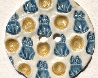 Jumbo cat 2.40-inch handmade English porcelain ceramic sewing button extra large blue yellow white collectible dated 2023 cat lover gift