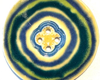 Joy of color! 2.38-inch handmade fine English porcelain ceramic button liquid-look glossy multicolor lemon yellow green violet dated 2024