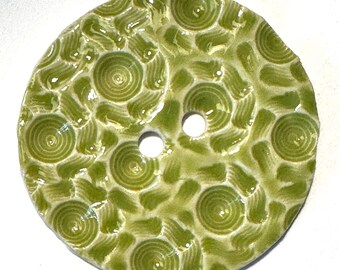 Jumbo 2.40-inch handmade English porcelain ceramic extra-large sewing button lime spring chartreuse green artisan collectible dated 2024