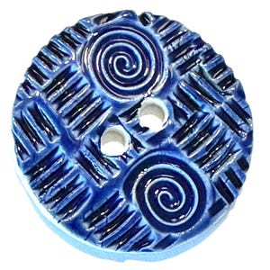 Geo wiz! 1.75-inch blue handmade fine English porcelain ceramic pottery buttons, geometric cobalt navy blue Fourth of July collectible dated