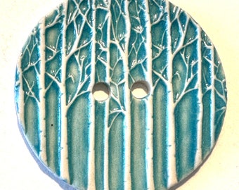 Jumbo knop 2,40-inch handgemaakt fijn Engels porselein keramisch aardewerk turquoise aqua blauwe en witte berken verzamelbaar gedateerd 2024