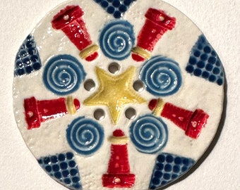 Jumbo lighthouse 2.5-inch handmade extra-large button porcelain ceramic compass style stars red yellow blue July 4th collectible dated 2023