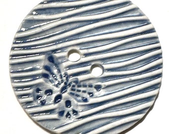 Jumbo 2.38-inch butterfly button handmade English porcelain ceramic deeply textured blue & white wavy stripes garden collectible dated 2024