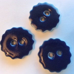 High-gloss, inky blue, navy, scallopped-edge 1-inch handmade round circular porcelain ceramic buttons